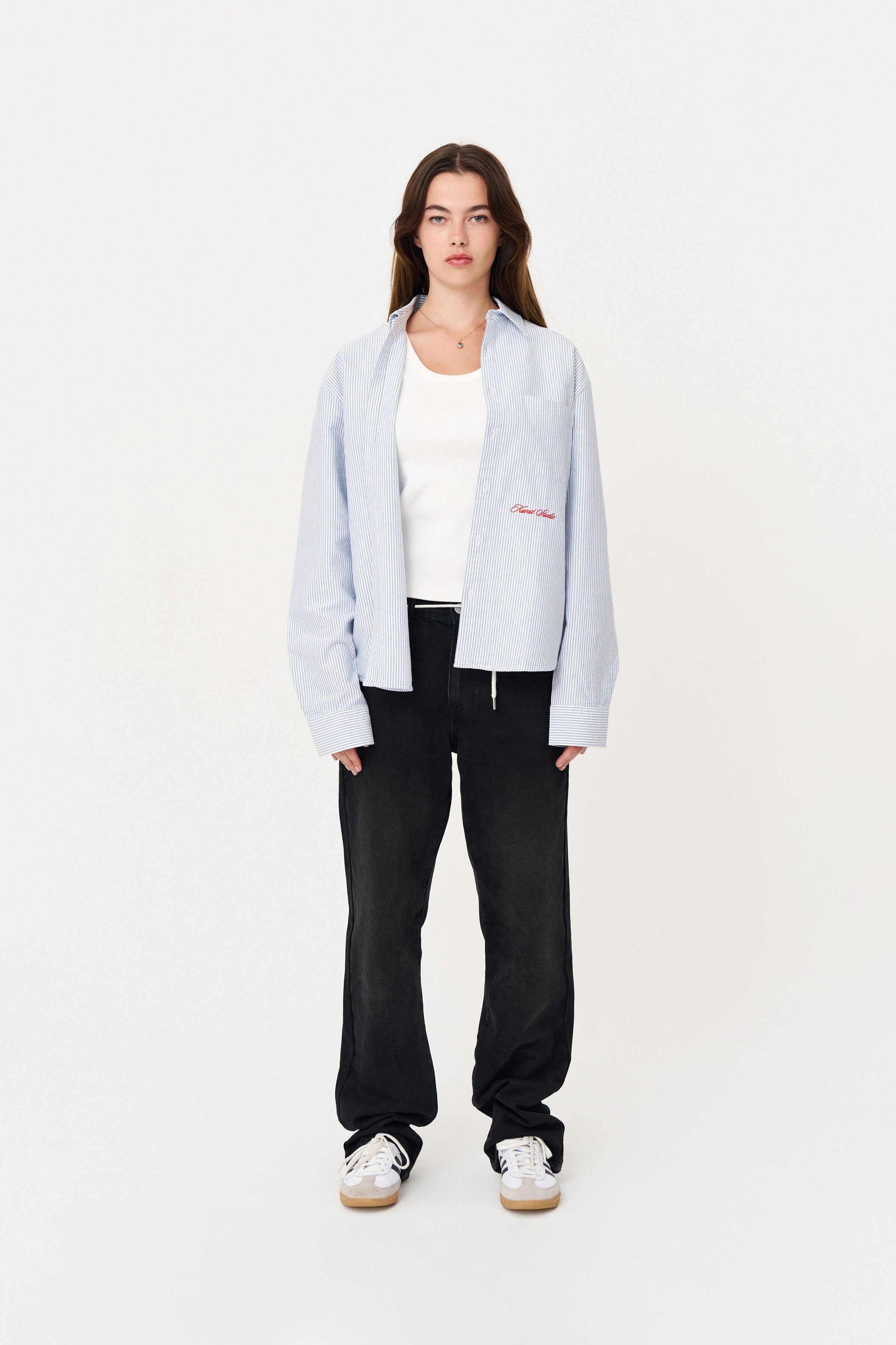 Box Fit Nakışlı Mavi Beyaz Gömlek