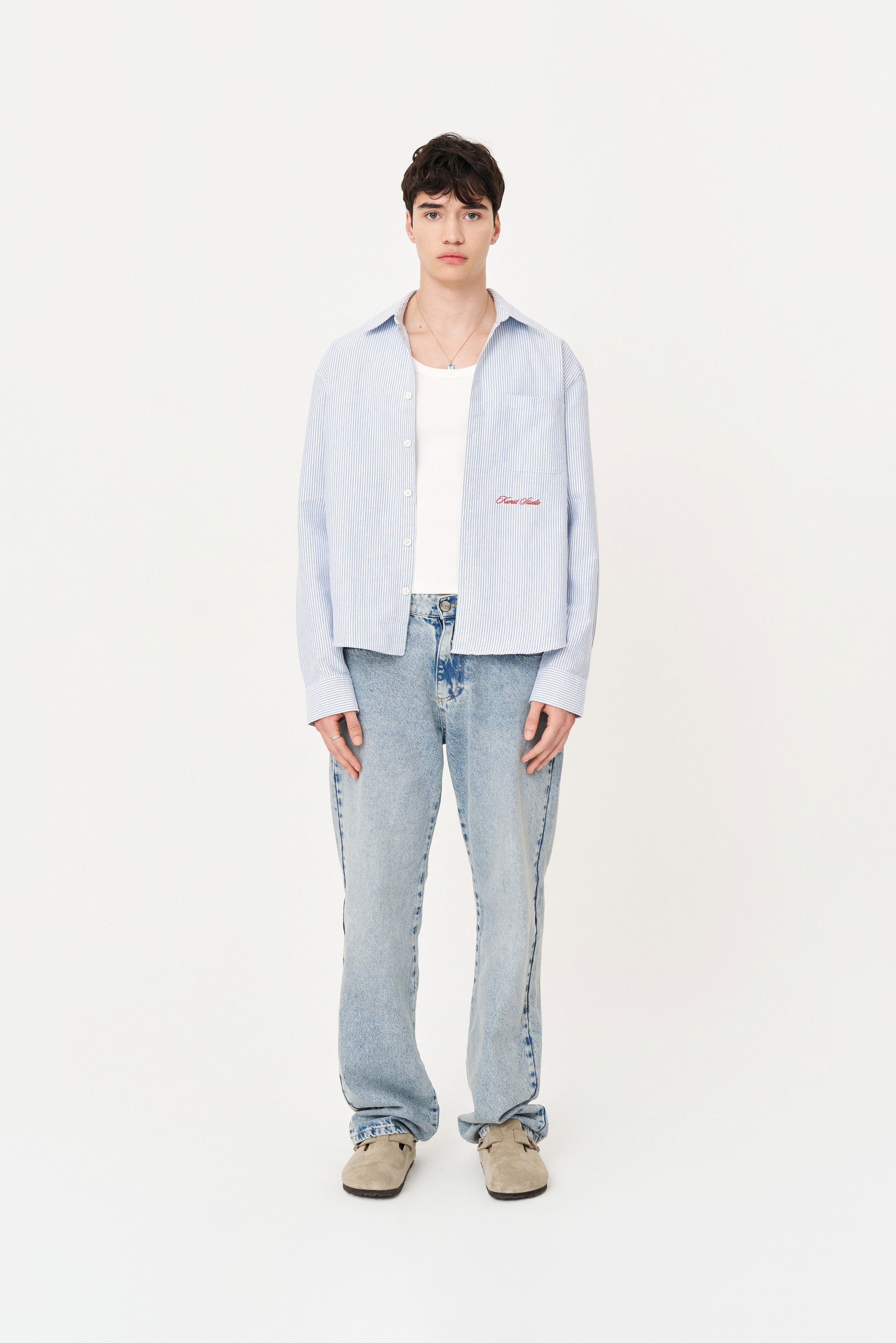 Box Fit Nakışlı Mavi Beyaz Gömlek