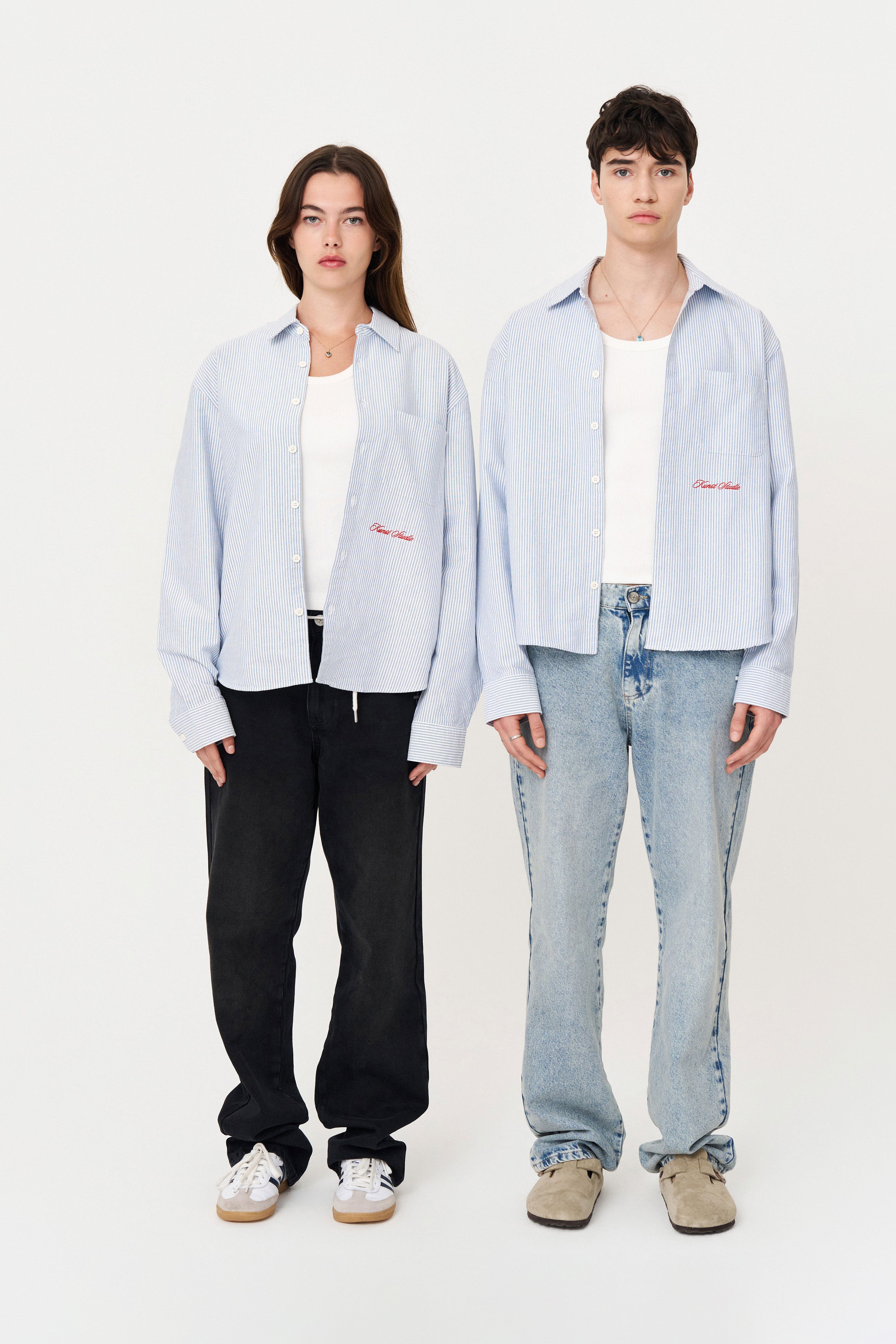 Box Fit Nakışlı Mavi Beyaz Gömlek