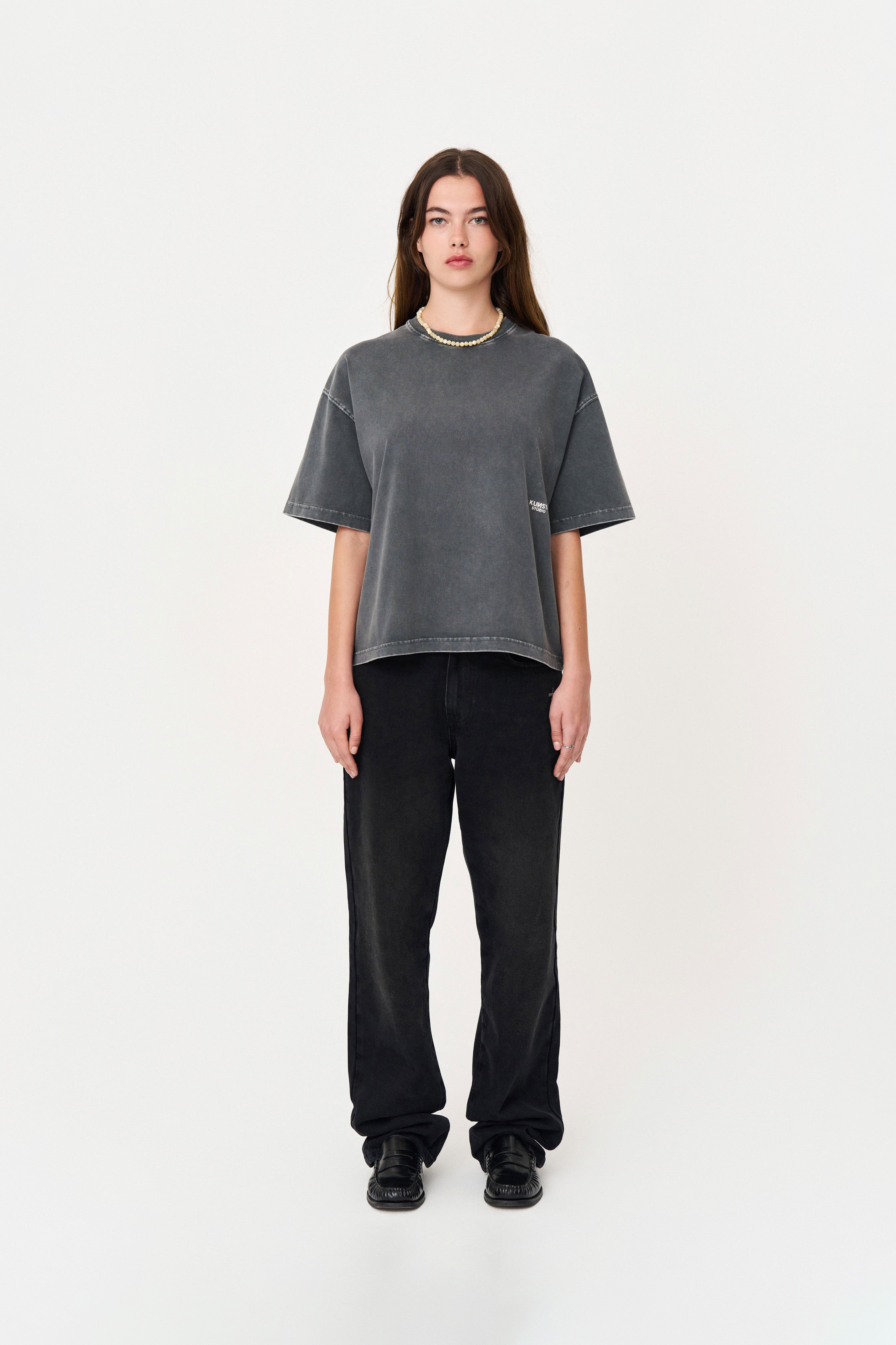 Kısa Kollu Heykel Baskılı Box Fit Yıkamalı Gri T-Shirt