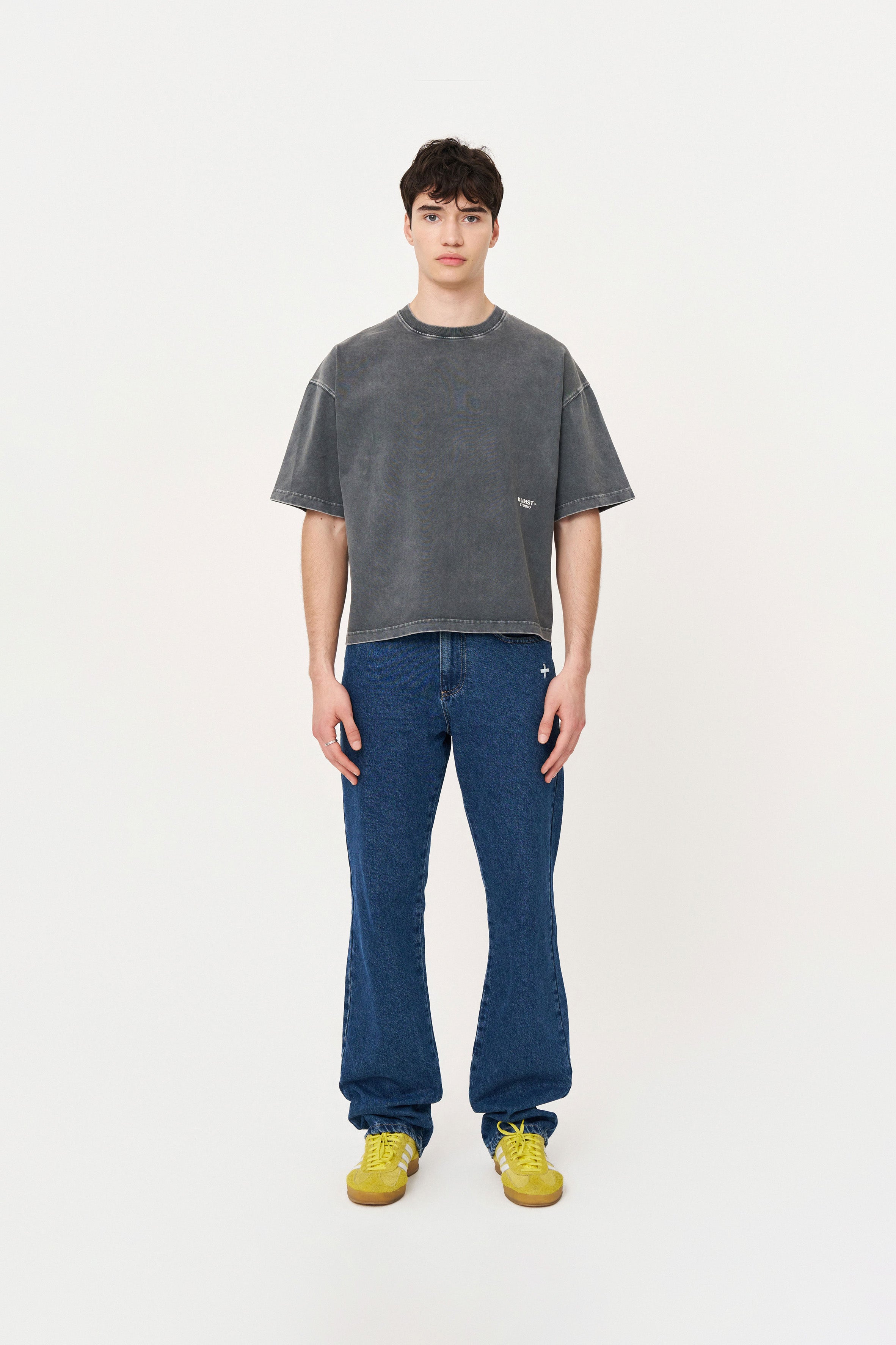 Kısa Kollu Heykel Baskılı Box Fit Yıkamalı Gri T-Shirt