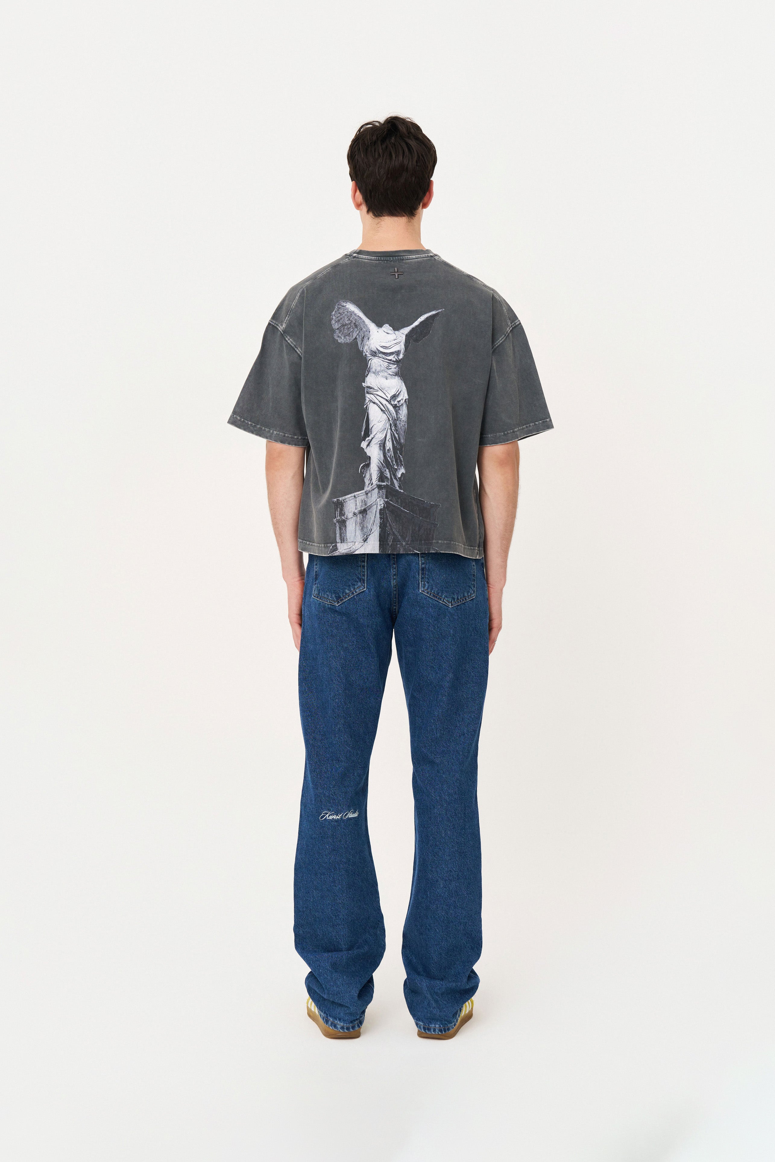 Kısa Kollu Heykel Baskılı Box Fit Yıkamalı Gri T-Shirt