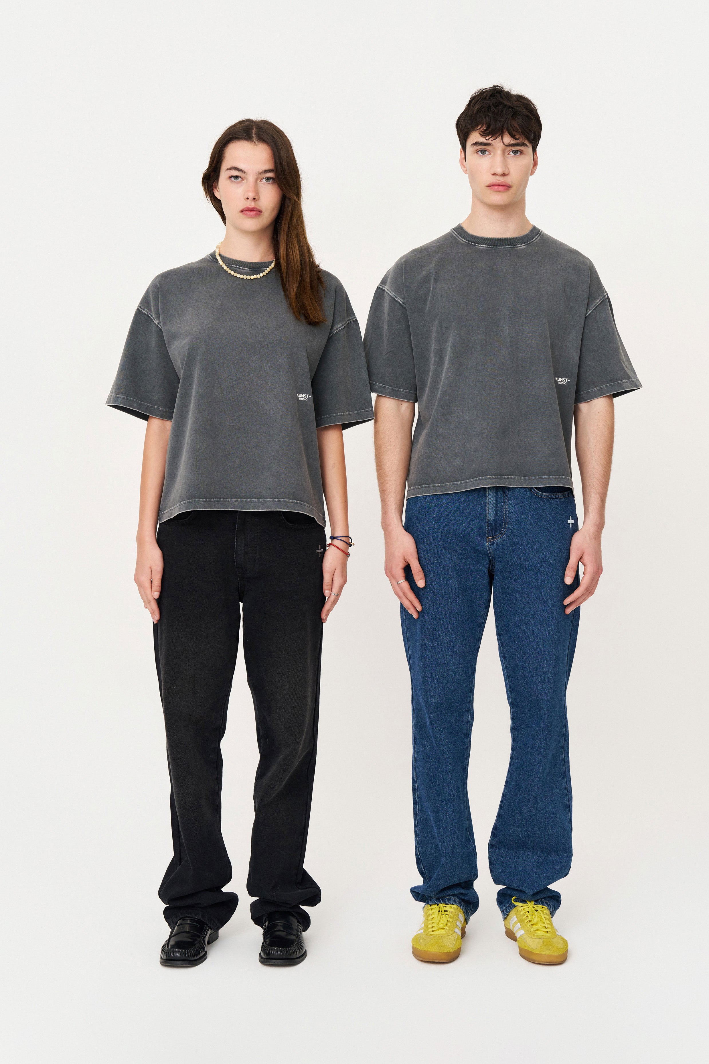 Kısa Kollu Heykel Baskılı Box Fit Yıkamalı Gri T-Shirt