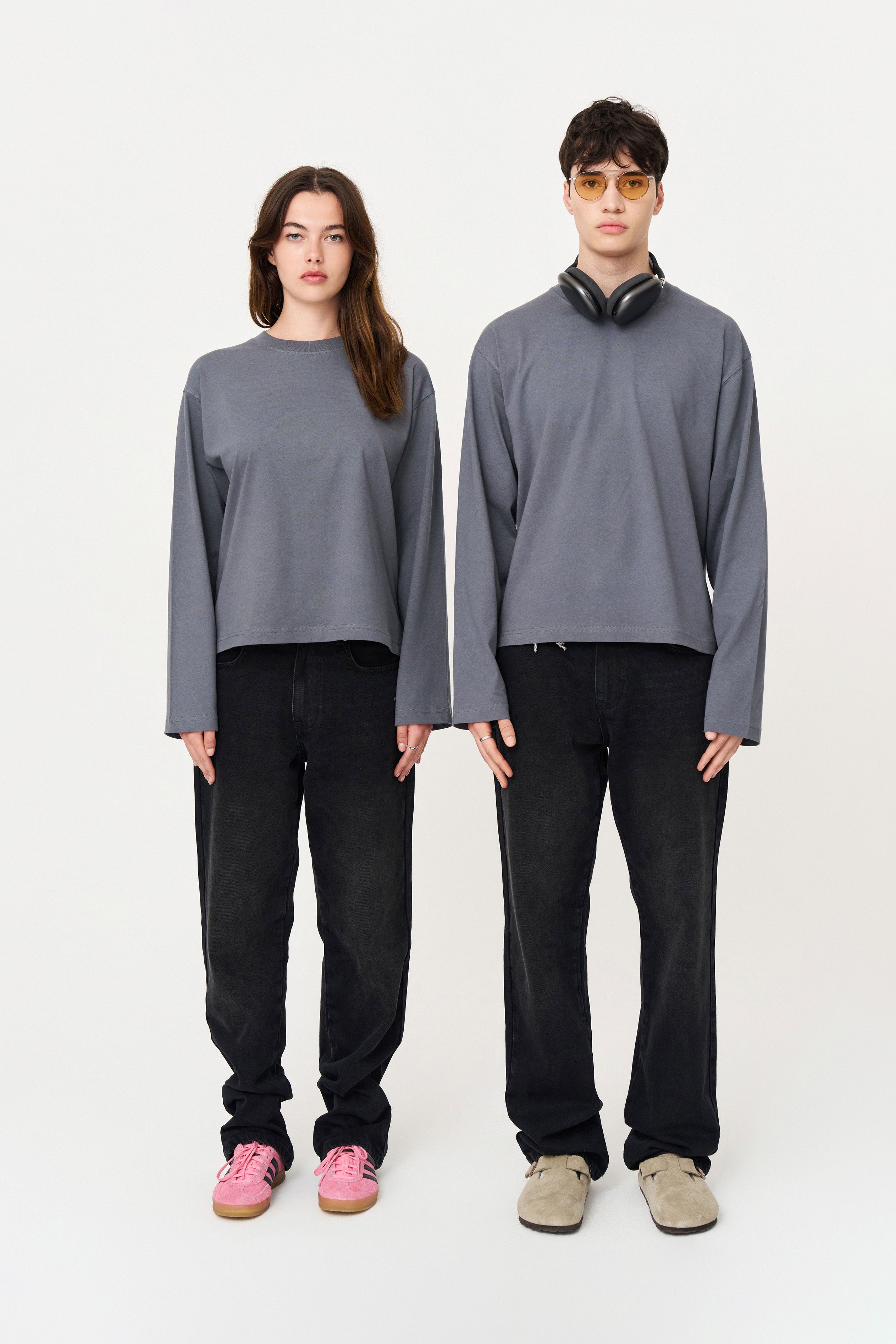 Uzun Kollu Nakışlı Oversize Gri T-Shirt