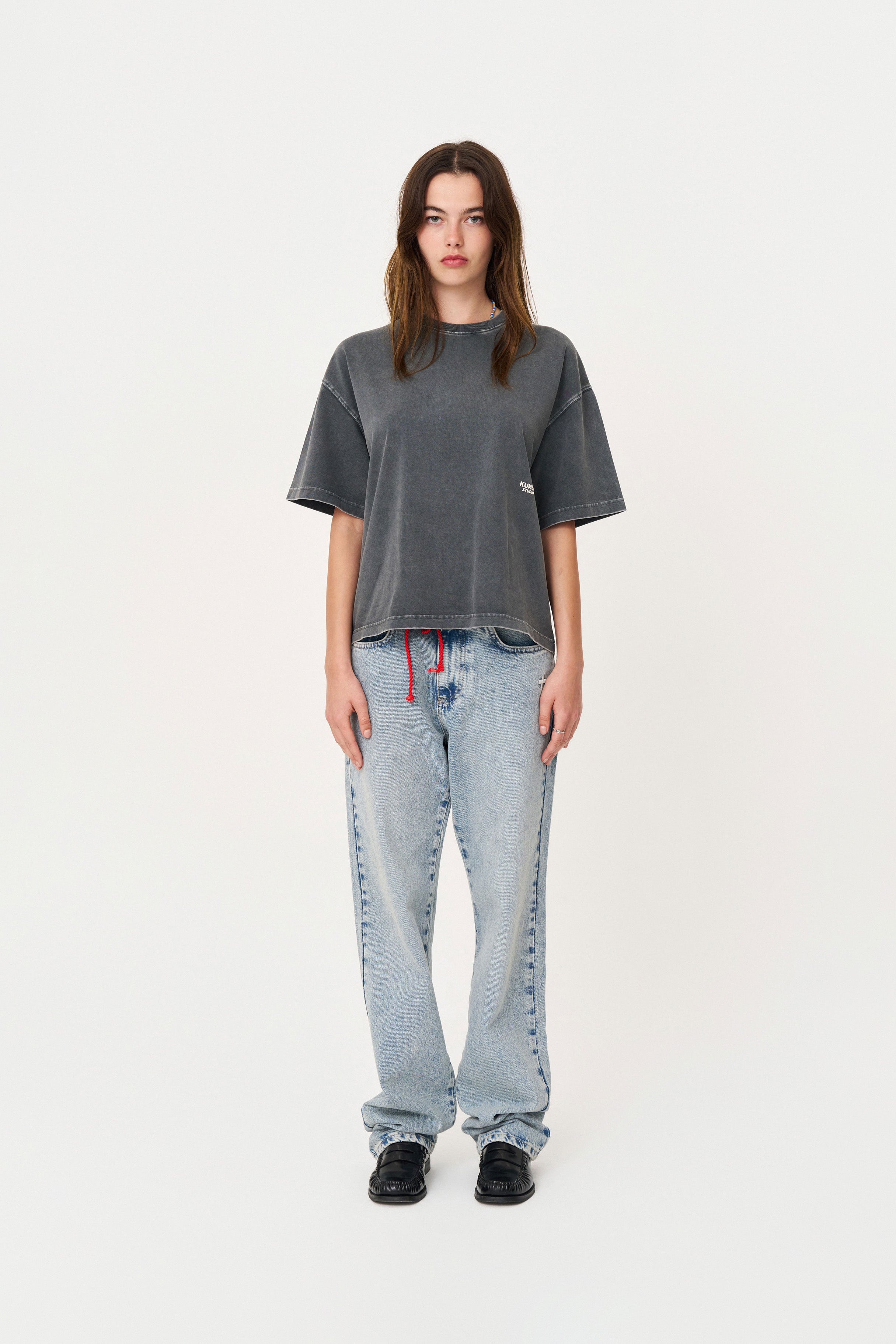 Kısa Kollu Baskılı Box Fit Yıkamalı Gri T-Shirt