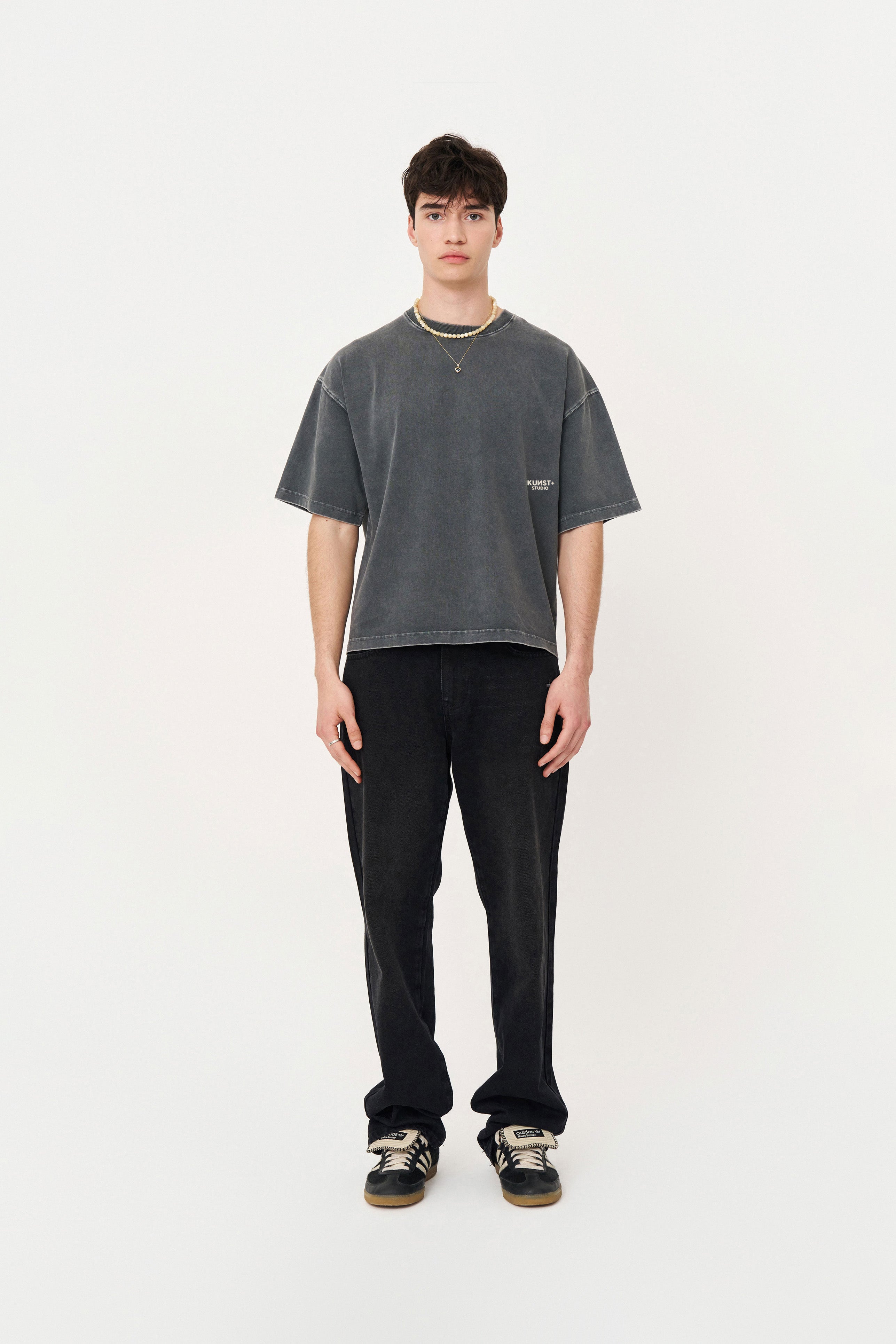 Kısa Kollu Baskılı Box Fit Yıkamalı Gri T-Shirt