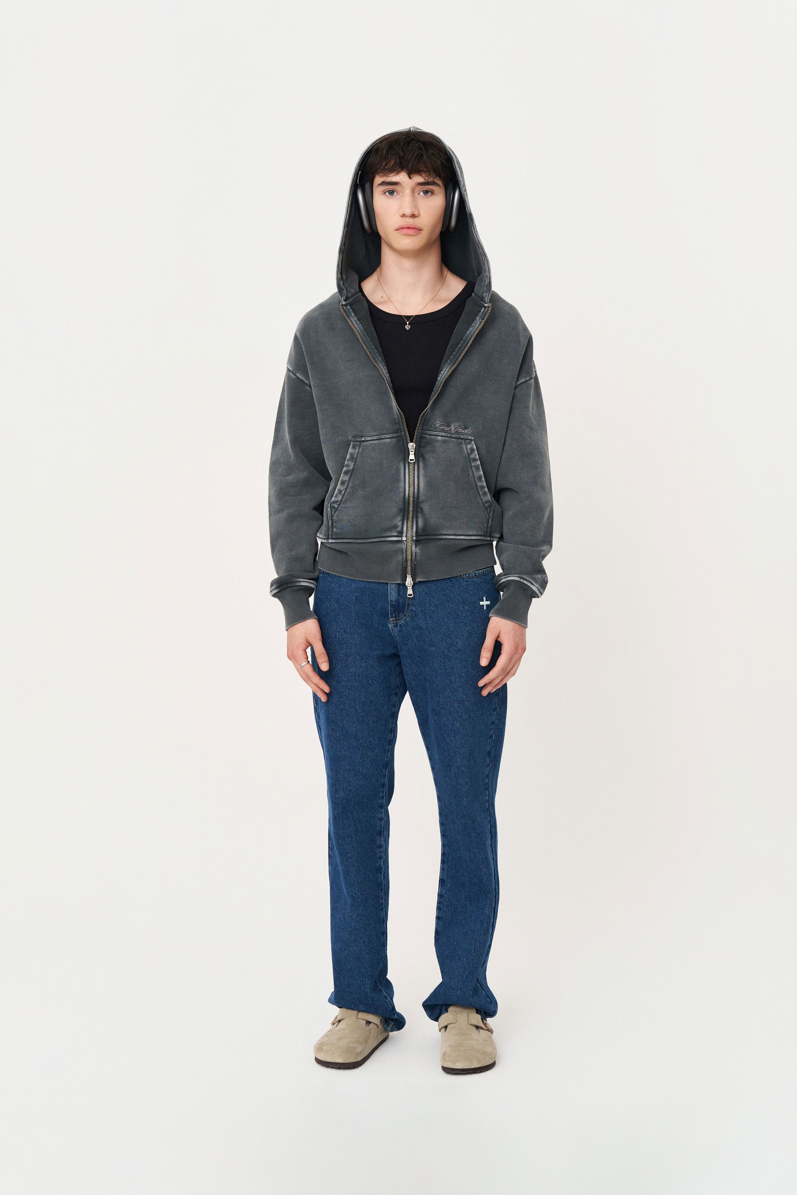 Yıkanmış Gri Oversize Fermuarlı Hoodie