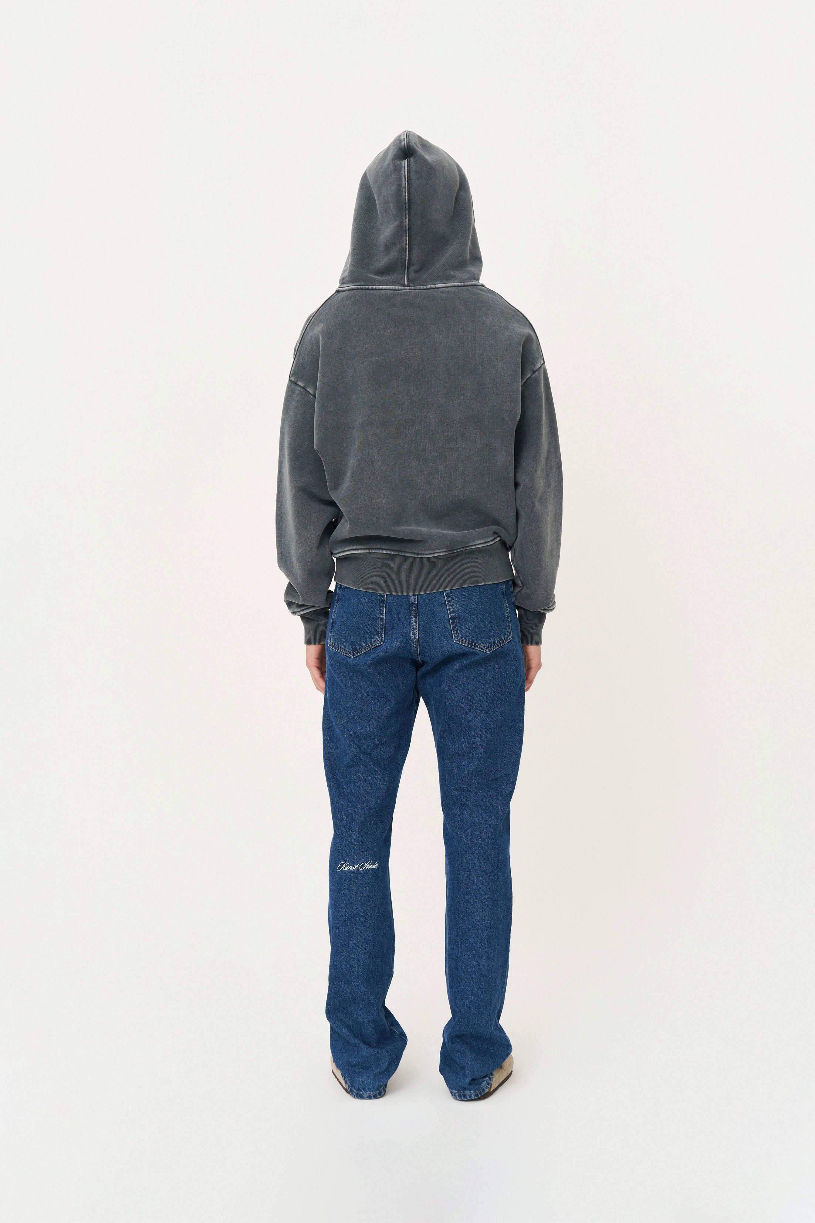 Yıkanmış Gri Oversize Fermuarlı Hoodie