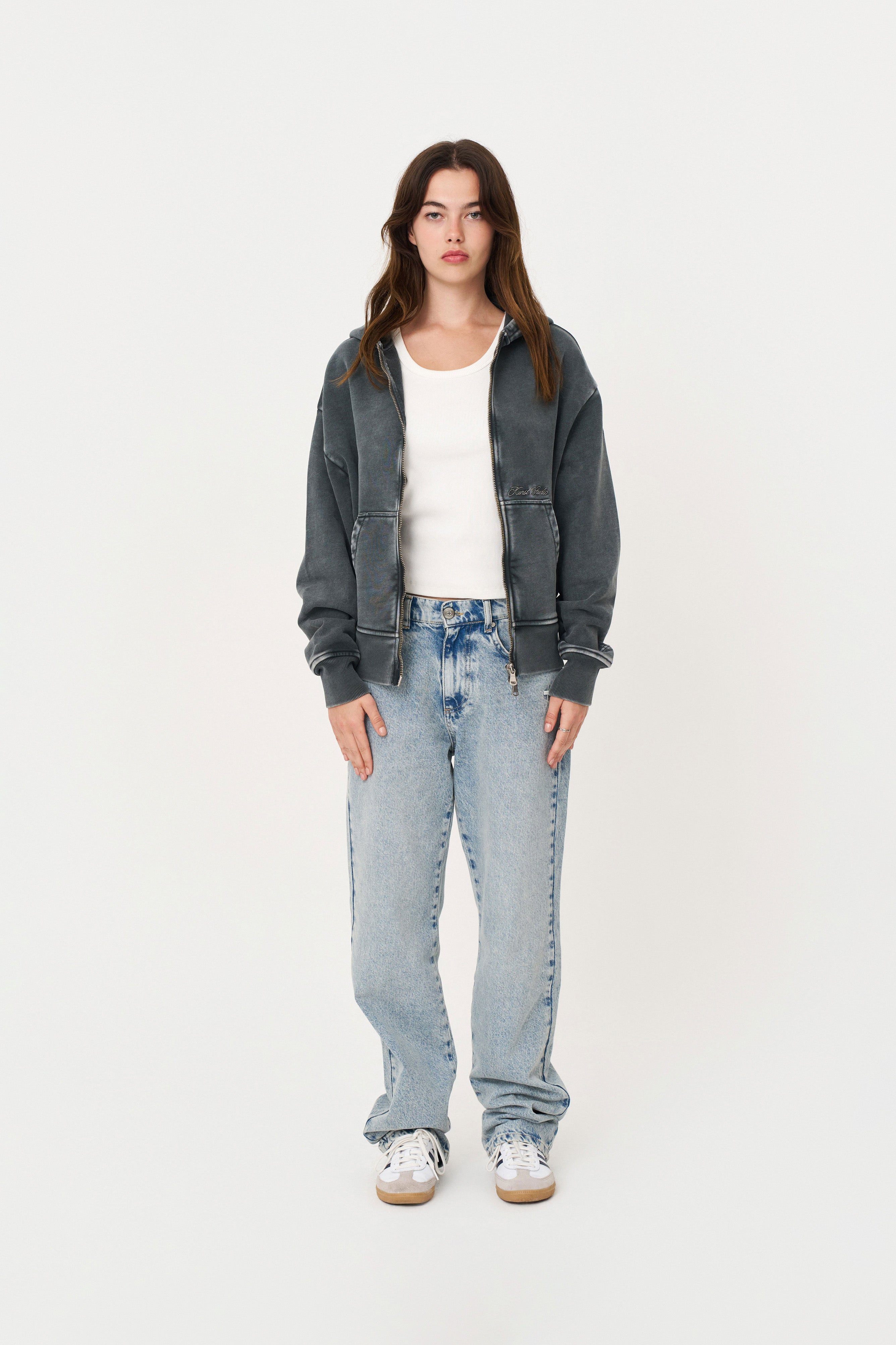 Yıkanmış Gri Oversize Fermuarlı Hoodie