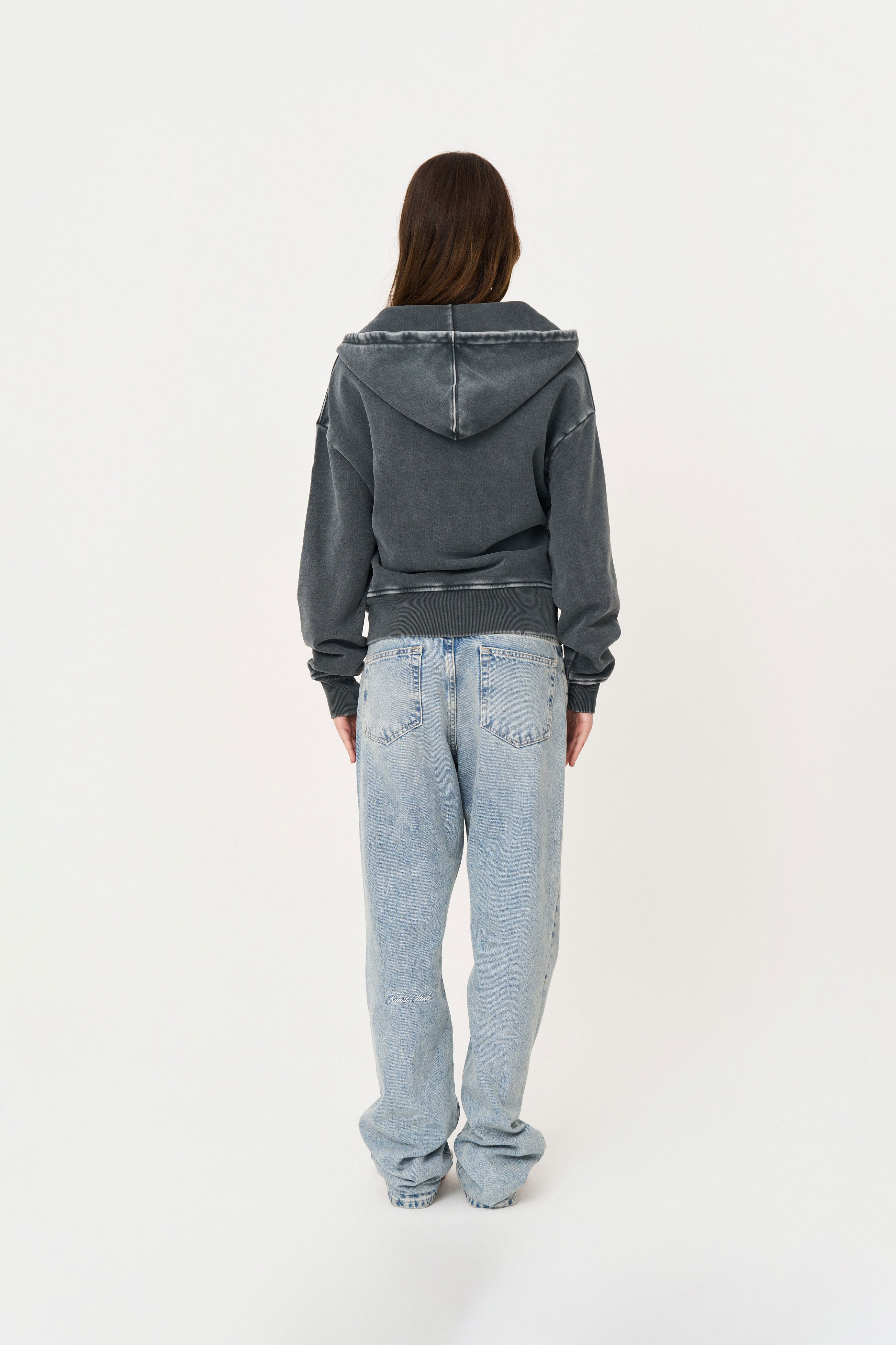 Yıkanmış Gri Oversize Fermuarlı Hoodie