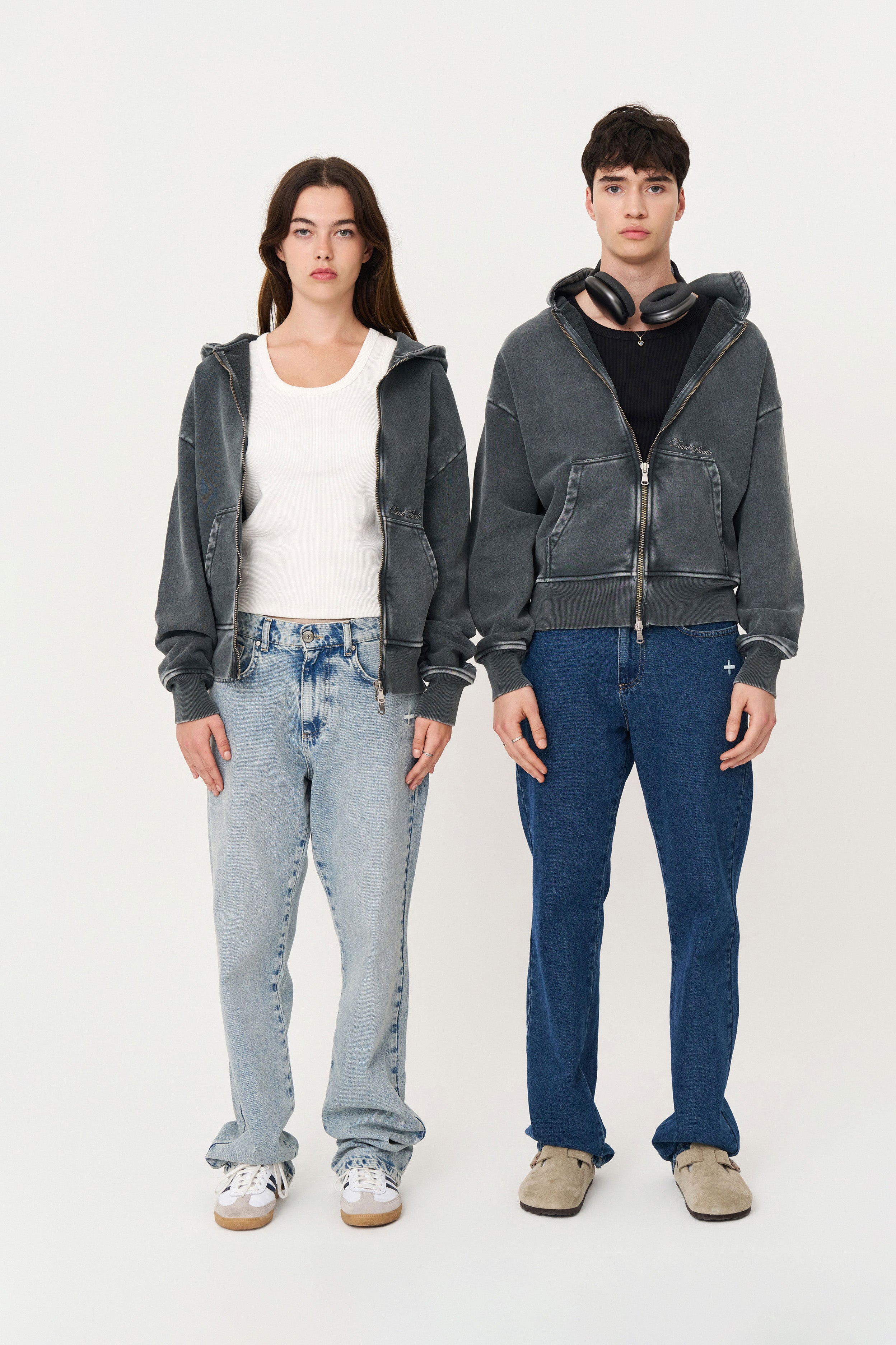 Yıkanmış Gri Oversize Fermuarlı Hoodie